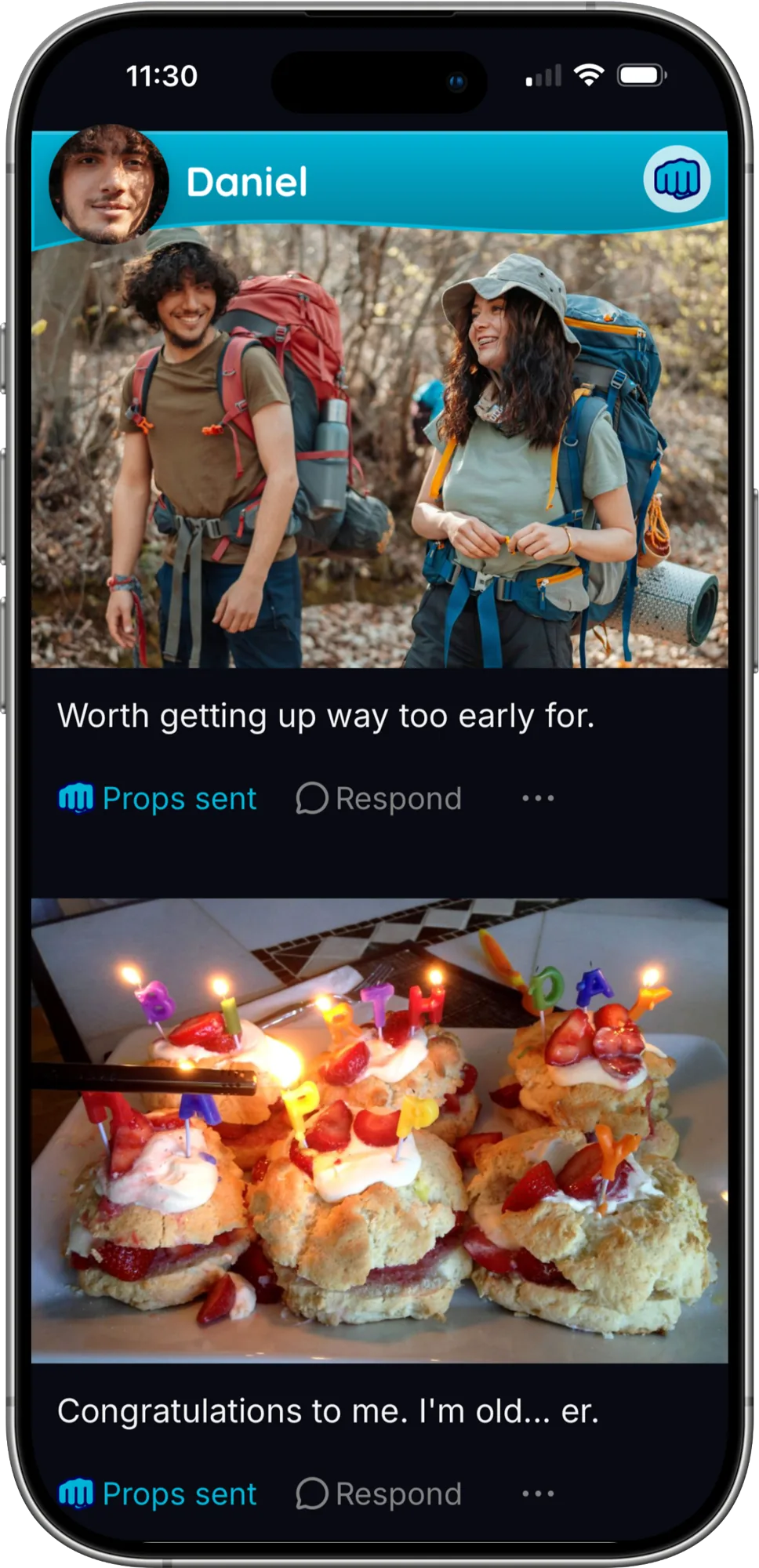 A Slomoji shared photo feed with friends hiking and having dinner