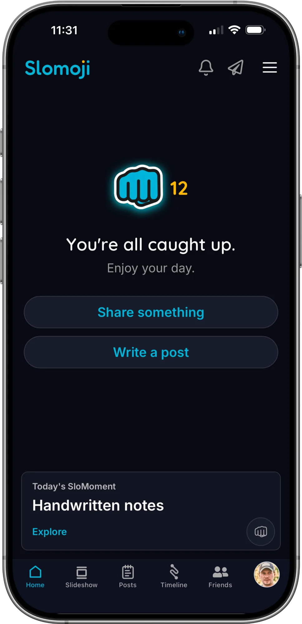 Dark-mode caught-up home screen shown in the Slomoji app